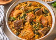 Egusi-Suppe, ein westafrikanischer Eintopf mit gemahlenen Egusi-Samen