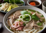 Eine Schüssel Pho mit Kräutern und Limette